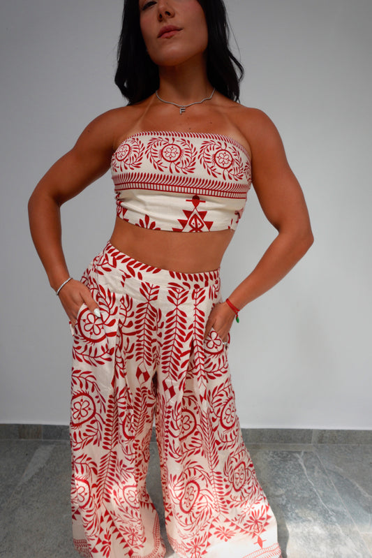 RED PRINT TUBE TIE TOP AND LONG PANTS SET