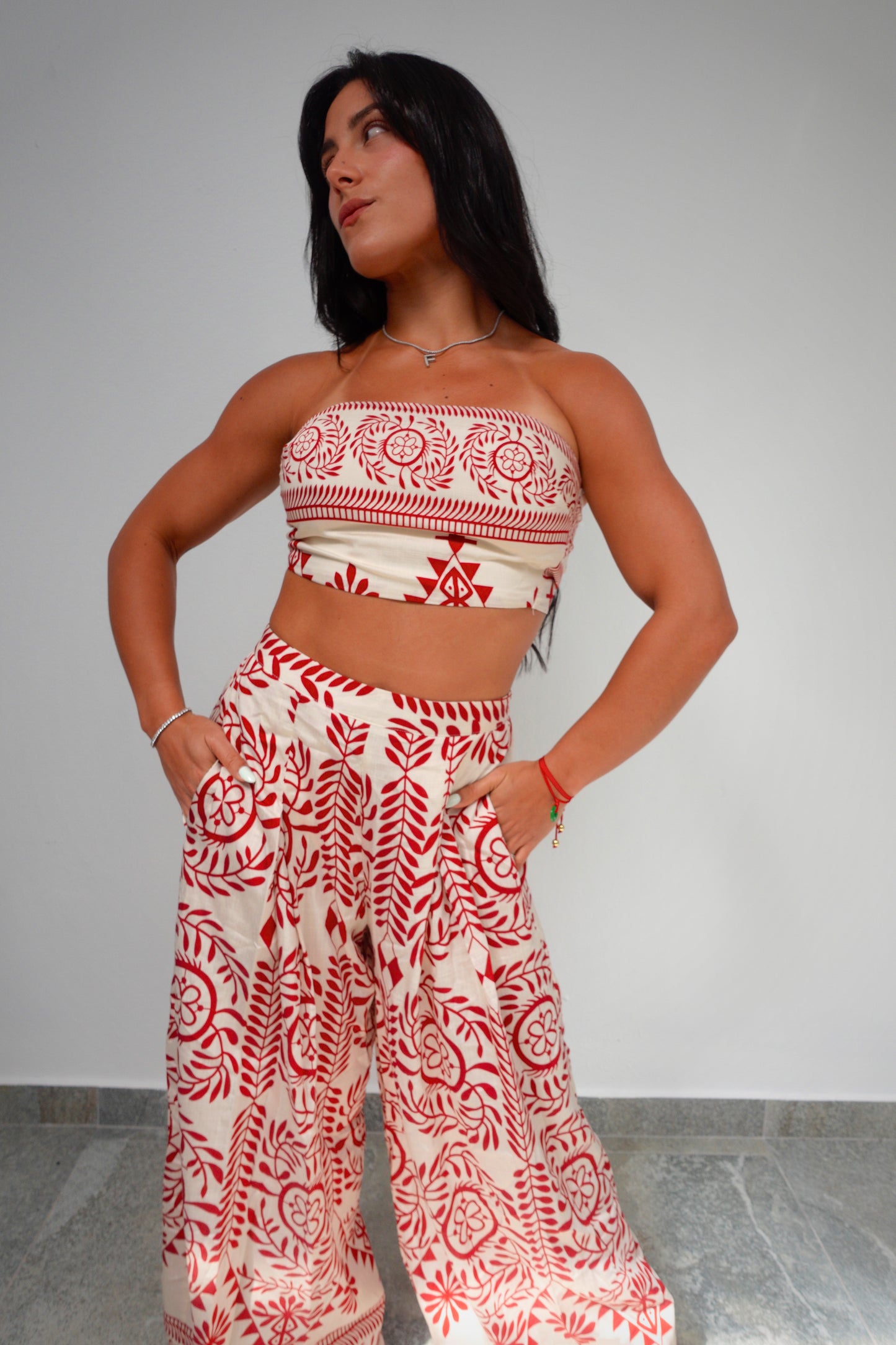 RED PRINT TUBE TIE TOP AND LONG PANTS SET