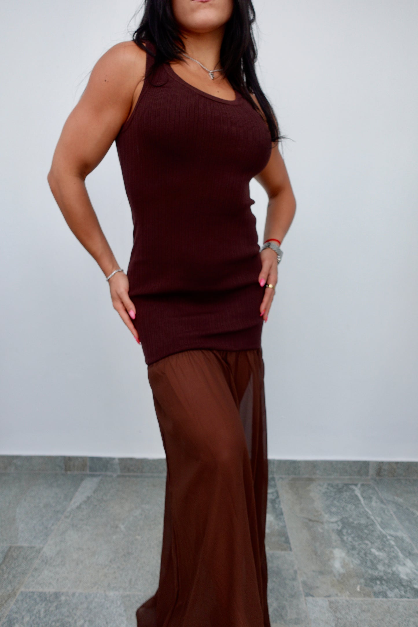 MOCHA BODYCON SHEER MAXI DRESS